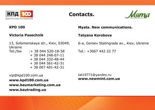 Contacts. 
КPD 100 
Victoria Pasechnik 
13, Solomenskaya str., Kiev, 03049, 
Ukraine 
Tel./fax :+ 38 044 520-18-58 
+ 38 044 248-07-11 
+ 38 044 332-48-44 
+ 38 044 561-42-31 
+ 38 067 401-42-31 
vip@kpd100.com.ua 
www.kpd100.com.ua 
www.baumarketing.com.ua 
www.bautrading.ua 
Myata. New communications. 
Tatyana Korobova 
6-a, Geroev Stalingrada av., Kiev, Ukraine 
Tel.: +3067 442 22 77 
tat19771@yandex.ru 
www.newmint.com.ua 
