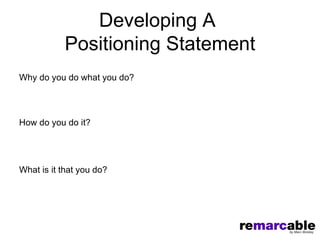 Developing A
           Positioning Statement
Why do you do what you do?




How do you do it?




What is it that you do?
 