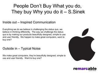 People Don’t Buy What you do,
         They buy Why you do it – S.Sinek

Inside out – Inspired Communication

Everything we do we believe in challenging the status quo, we
believe in thinking differently. The way we challenge the status
quo is by making our products beautifully designed, simple to use
and user friendly. We happen to make great computers, want to
buy one?



Outside in – Typical Noise

We make great computers, they’re beautifully designed, simple to
use and user friendly. Want to buy one?
 