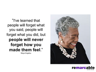 “I've learned that
 people will forget what
  you said, people will
forget what you did, but
 people will never
  forget how you
 made them feel.”
        Maya Angelou
 