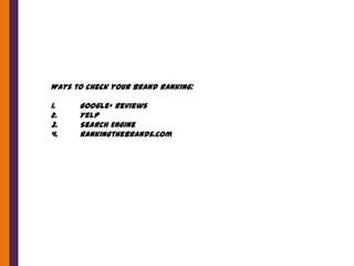 Ways to check your brand ranking:

1.    Google+ Reviews
2.    Yelp
3.    Search Engine
4.    rankingthebrands.com
 