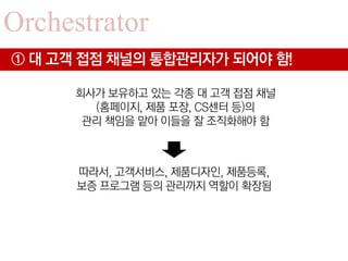 Orchestrator
① 대 고객 접점 채널의 통합관리자가 되어야 함!

      회사가 보유하고 있는 각종 대 고객 접점 채널
        (홈페이지, 제품 포장, CS센터 등)의
       관리 책임을 맡아 이들을 잘 조직화해야 함



      따라서, 고객서비스, 제품디자인, 제품등록,
      보증 프로그램 등의 관리까지 역할이 확장됨
 