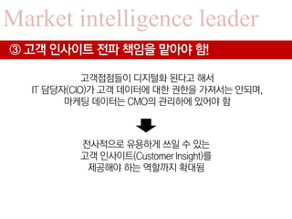 Market intelligence leader
③ 고객 인사이트 전파 책임을 맡아야 함!

            고객접점들이 디지털화 된다고 해서
  IT 담당자(CIO)가 고객 데이터에 대한 권한을 가져서는 안되며,
        마케팅 데이터는 CMO의 관리하에 있어야 함



         전사적으로 유용하게 쓰일 수 있는
         고객 인사이트(Customer Insight)를
          제공해야 하는 역할까지 확대됨
 