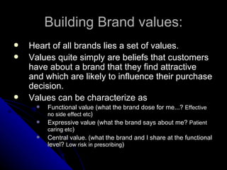 Building Brand values:
   Heart of all brands lies a set of values.
   Values quite simply are beliefs that customers
    have about a brand that they find attractive
    and which are likely to influence their purchase
    decision.
   Values can be characterize as
        Functional value (what the brand dose for me...? Effective
         no side effect etc)
        Expressive value (what the brand says about me? Patient
         caring etc)
        Central value. (what the brand and I share at the functional
         level? Low risk in prescribing)
 