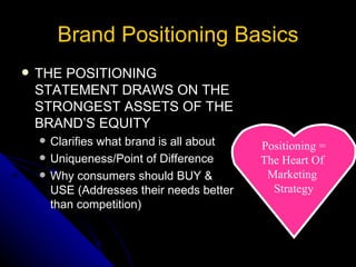 Brand Positioning Basics
   THE POSITIONING
    STATEMENT DRAWS ON THE
    STRONGEST ASSETS OF THE
    BRAND’S EQUITY
       Clarifies what brand is all about   Positioning =
       Uniqueness/Point of Difference      The Heart Of
       Why consumers should BUY &           Marketing
        USE (Addresses their needs better     Strategy
        than competition)
 