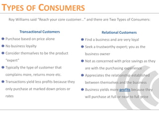 Types of ConsumersRoy Williams said “Reach your core customer…” and there are Two Types of Consumers:Transactional CustomersPurchase based on price aloneNo business loyaltyConsider themselves to be the product “expert”Typically the type of customer that complains more, returns more etc.Transactions yield less profits because they only purchase at marked down prices or ratesRelational CustomersFind a business and are very loyalSeek a trustworthy expert; you as the business ownerNot as concerned with price savings as they are with the purchasing experienceAppreciates the relationship established between themselves and the businessBusiness yields more profits because they will purchase at full or near to full price