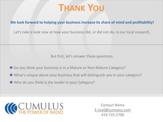 Thank YouWe look forward to helping your business increase its share of mind and profitability!Let’s take a look now at how your business did, or did not do, in our local research.But first, let’s answer these questions.Do you think your business is in a Mature or Non-Mature Category?What’s unique about your business that will distinguish you in your category?Who do you think is the leader in your Category?Contact NameE-mail@cumulus.com419.725.5700