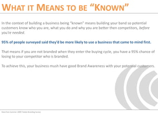 What it Means to be “Known”In the context of building a business being “known” means building your band so potential customers know who you are, what you do and why you are better then competitors, before you’re needed.95% of people surveyed said they’d be more likely to use a business that came to mind first.That means if you are not branded when they enter the buying cycle, you have a 95% chance of losing to your competitor who is branded.To achieve this, your business mush have good Brand Awareness with your potential customers.Data from Summer 2009 Toledo Branding Survey