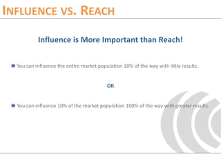 Influence vs. Reach<br />Influence is More Important than Reach!<br />You can influence the entire market population 10% o...