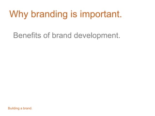 Why branding is important.
Benefits of brand development.
Building a brand.