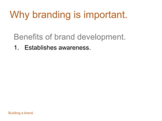 Why branding is important.
Benefits of brand development.
1. Establishes awareness.
Building a brand.