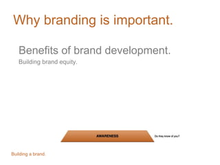Why branding is important.
Benefits of brand development.
Building brand equity.
Building a brand.