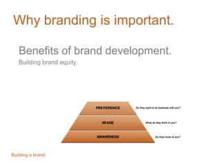 Why branding is important.
Benefits of brand development.
Building brand equity.
Building a brand.