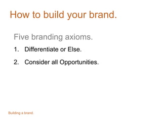 How to build your brand.
Five branding axioms.
1. Differentiate or Else.
2. Consider all Opportunities.
Building a brand.