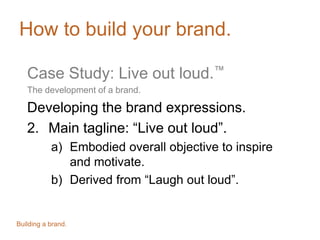 How to build your brand.
Case Study: Live out loud.™
The development of a brand.
Developing the brand expressions.
2. Main tagline: “Live out loud”.
a) Embodied overall objective to inspire
and motivate.
b) Derived from “Laugh out loud”.
Building a brand.