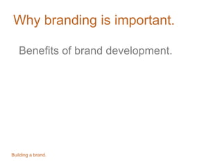 Why branding is important.
Benefits of brand development.

Building a brand.

 