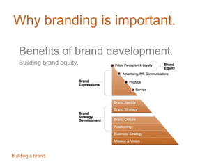 Why branding is important.
Benefits of brand development.
Building brand equity.

Building a brand.

 