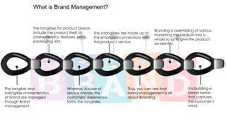 What is Brand Management?

The tangibles for product brands
include the product itself, its
The intangibles are made up of
characteristics, features, price,
the emotional connections with
packaging, etc.
the product / service.

The tangible and
intangible characteristics
of brand are managed
through Brand
management.

Whereas, in case of
service brands, the
customers‟ experience
forms the tangibles.

Branding is assembling of various
marketing mix medium into a
whole so as to give the product
an identity.

Thus, you can see that
brand management is all
about Branding.

It is building a
brand name
that captures
the customer‟s
mind.

 