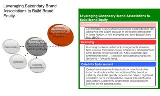 Leveraging Secondary Brand
Associations to Build Brand
Equity
Planning &
Implementing
Brand Marketing
Programs

Co-branding

Leveraging
Secondary Brand
Associations to
Build Brand Equity

Licensing
Celebrity
Endorsement

Leveraging Secondary Brand Associations to
Build Brand Equity
Co-branding
Co-branding occurs when two or more existing brands are
combined into a joint product or are marketed together
in some fashion. A few examples are: Sony Ericsson, Tata Fiat, SBI GE

Licensing
Licensing involves contractual arrangements whereby
firms can use the names, logos, characters, and so forth of
other brands for some fixed fee. A few examples are:
Entertainment (Ra1), Television and cartoon characters
(Britannia – Tom and Jerry),

Celebrity Endorsement
Celebrity endorsement helps to draw attention to the
brand and to shape the perceptions of the brand. A
celebrity should be greatly popular and have a high level
of visibility. He or she should also have a rich set of useful
associations, judgments, and feelings associated with
him/her by the general public.

 