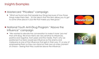 Insights Examples
 Mastercard “Priceless” campaign
 “What we found was that people buy things because of how those
things make them feel… So the idea is that the item allows you to get
to some other place in your life that makes you feel good.”

 National Youth Anti-Drug Program “Above the
Influence” campaign
 “We wanted to elevate the conversation to make it more „pro-me‟
than anti-drug. We know teens are very sensitive to influences,
positive and negative, from peers and the media. That‟s why we
positioned it so teens would see influence as the enemy and
marijuana as one of the influences that gets in their way. It‟s a way of
empowering them so they can stand on their own at a key moment
of choice – seeing that they could be above the influence.”

 