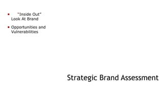  An “Inside Out”
Look At Brand

 Opportunities and
Vulnerabilities

Strategic Brand Assessment

 