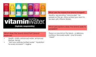 What are the respective brand images?
Healthy, rejuvenating “miracle elixir”, for
people on the go, status symbol (you want to
be seen with Vitamin Water)

What perceptions does the brand seek to
establish?
What does the brand stand for? (brand
essence)
•
•

Health, vitality, enhanced water, enhanced
lifestyle, trendy
“Not your ordinary bottled water” “Hydration
for every occasion” – tagline

There is a new kid on the block – a delicious,
nutritious, flavoured water – one for every
“need”

 