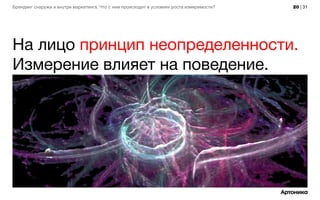 20 | 31Брендинг снаружи и внутри маркетинга. Что с ним происходит в условиях роста измеримости?
На лицо принцип неопределенности.
Измерение влияет на поведение.
 