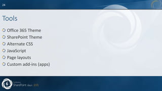 Tools
Office 365 Theme
SharePoint Theme
Alternate CSS
JavaScript
Page layouts
Custom add-ins (apps)
24
 
