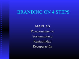 BRANDING ON 4 STEPS
MARCASMARCAS
PosicionamientoPosicionamiento
SostenimientoSostenimiento
RentabilidadRentabilidad
RecuperaciónRecuperación
 
