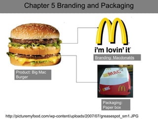 Chapter 5 Branding and Packaging Packaging: Paper box Branding: Macdonalds Product: Big Mac Burger http://picturemyfood.com/wp-content/uploads/2007/07/greasespot_sm1.JPG 