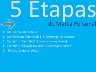 5 Etapas
1. Mapear tus Habilidades
2. Mantener tu Autenticidad y Determinar tu aspecto
3. Escojer tu ‘Identidad’ (3 características claves)
4. Escribir tu ‘Posicionamiento’ y Expresar tu ‘Lema’
5. ‘Practica lo que predicas’
de Marca Personal
 