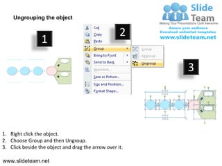 Ungrouping the object

                                                    2
                 1

                                                         3




1. Right click the object.
2. Choose Group and then Ungroup.
3. Click beside the object and drag the arrow over it.

www.slideteam.net
 