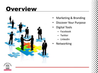 Overview Marketing & BrandingDiscover Your PurposeDigital ToolsFacebookTwitterLinkedInNetworking