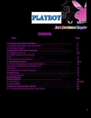 Contents
     Topic                                                                                Page


1. Industry and Company Analysis…………………………………………………..                                      3
1.1 Category Description, Size and Growth ………………………...........                             4
1.2 Company Analysis      ……………….......................................................    6
2. Customer Profile and Framework …………………………………………………                                      7
2.1 Targeted Consumer ……………………………………………………………..                                            8,9
2.2 Target‟s goal by consuming the
brand……………………………………………………                                                                  10
2.3 Valued Consumers‟ Behavior …………………………………….                                             11
3. Competitor Analysis………………………………………………………………….                                           12,13
3.1 Product Attributes and Customer Perception……………………………………..                             13
3.2 Distinctive Competency and Differential
Advantage……………………………………..                                                                  14
3.3 Competition with other Categories…………………………………………………                                   15
4. Positioning ………………………………………………………………………………..                                            17
4.1 Brand Positioning…………………………………………………………………                                             17
5. Brand Mix and
Communication…………………………………………………………….                                                      15
5.1 Advertising…………………………………………………………………………..                                              18-19-20
5.2 Social Media………………………………………………………………………….                                              21
6. How the company lives it Brand……………………………………………………..                                    23
6.1 The Ultimate Brand Custodian- Hugh Hefner                                              23




                                                                                                      2
 