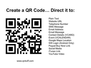 Create a QR Code… Direct it to: Plain Text Website URL Telephone Number SMS Message Email Address Email Message Contact Details (VCARD) Event (VCALENDAR) Google Maps Location Wifi Login (Android Only) Paypal Buy Now Link Social Media iTunes Link YouTube Video www.qrstuff.com 
