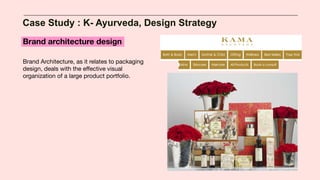 Case Study : K- Ayurveda, Design Strategy
Brand architecture design
Brand Architecture, as it relates to packaging
design, deals with the eﬀective visual
organization of a large product portfolio.
 