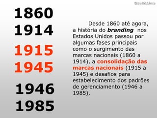 ©BetoLLima



1860
             Desde 1860 até agora,
1914   a história do branding nos
       Estados Unidos passou por
       algumas fases principais

1915   como o surgimento das
       marcas nacionais (1860 a

1945
       1914), a consolidação das
       marcas nacionais (1915 a
       1945) e desafios para
       estabelecimento dos padrões

1946   de gerenciamento (1946 a
       1985).


1985
 