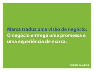 Marca traduz uma visão de negócio. 
O negócio entrega uma promessa e 
uma experiência de marca. 
 