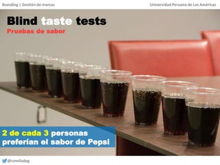 Branding | Gestión de marcas Universidad Peruana de Las Américas
@cmelladog
Blind taste tests
Pruebas de sabor
2 de cada 3 personas
preferían el sabor de Pepsi
 