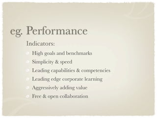 eg. Performance
   Indicators:
     High goals and benchmarks
     Simplicity & speed
     Leading capabilities & competencies
     Leading edge corporate learning
     Aggressively adding value
     Free & open collaboration
 