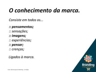 O conhecimento da marca.
:: pensamentos;
:: sensações;
:: imagens;
:: experiências;
:: pensar;
:: crenças;
Fonte: Administração de Marketing – 12ª edição
Consiste em todos os...
Ligados à marca.
 