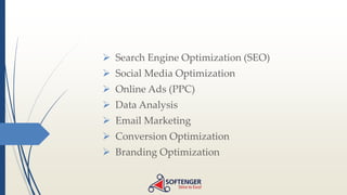  Search Engine Optimization (SEO)
Social Media Optimization
Online Ads (PPC)
Data Analysis
Email Marketing
Conversion Optimization
Branding Optimization