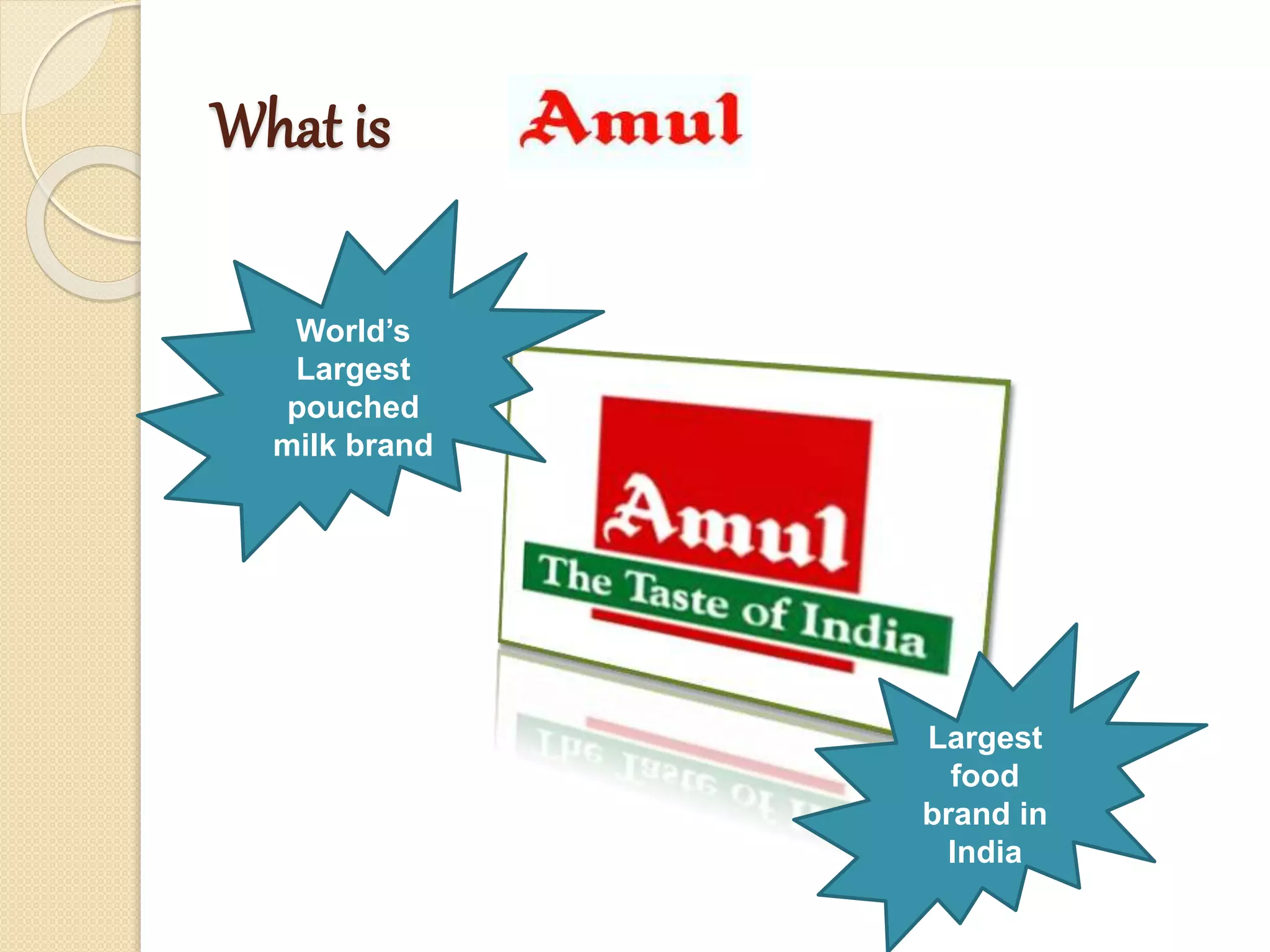 What is ? 
World’s 
Largest 
pouched 
milk brand 
Largest 
food 
brand in 
India 
 