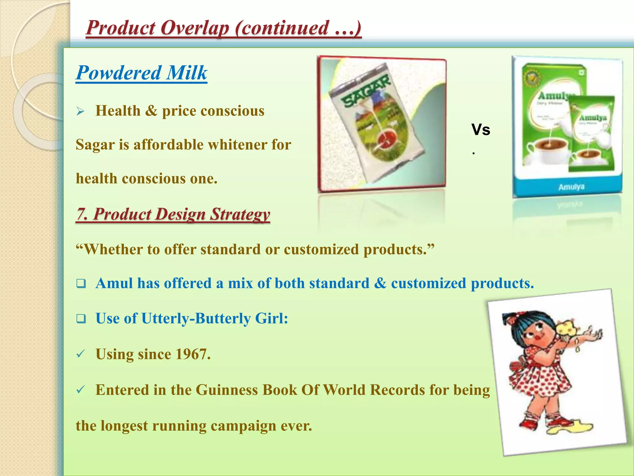 Product Overlap (continued …) 
Powdered Milk 
 Health & price conscious 
Sagar is affordable whitener for 
health conscious one. 
7. Product Design Strategy 
“Whether to offer standard or customized products.” 
 Amul has offered a mix of both standard & customized products. 
 Use of Utterly-Butterly Girl: 
 Using since 1967. 
 Entered in the Guinness Book Of World Records for being 
the longest running campaign ever. 
Vs 
. 
 
