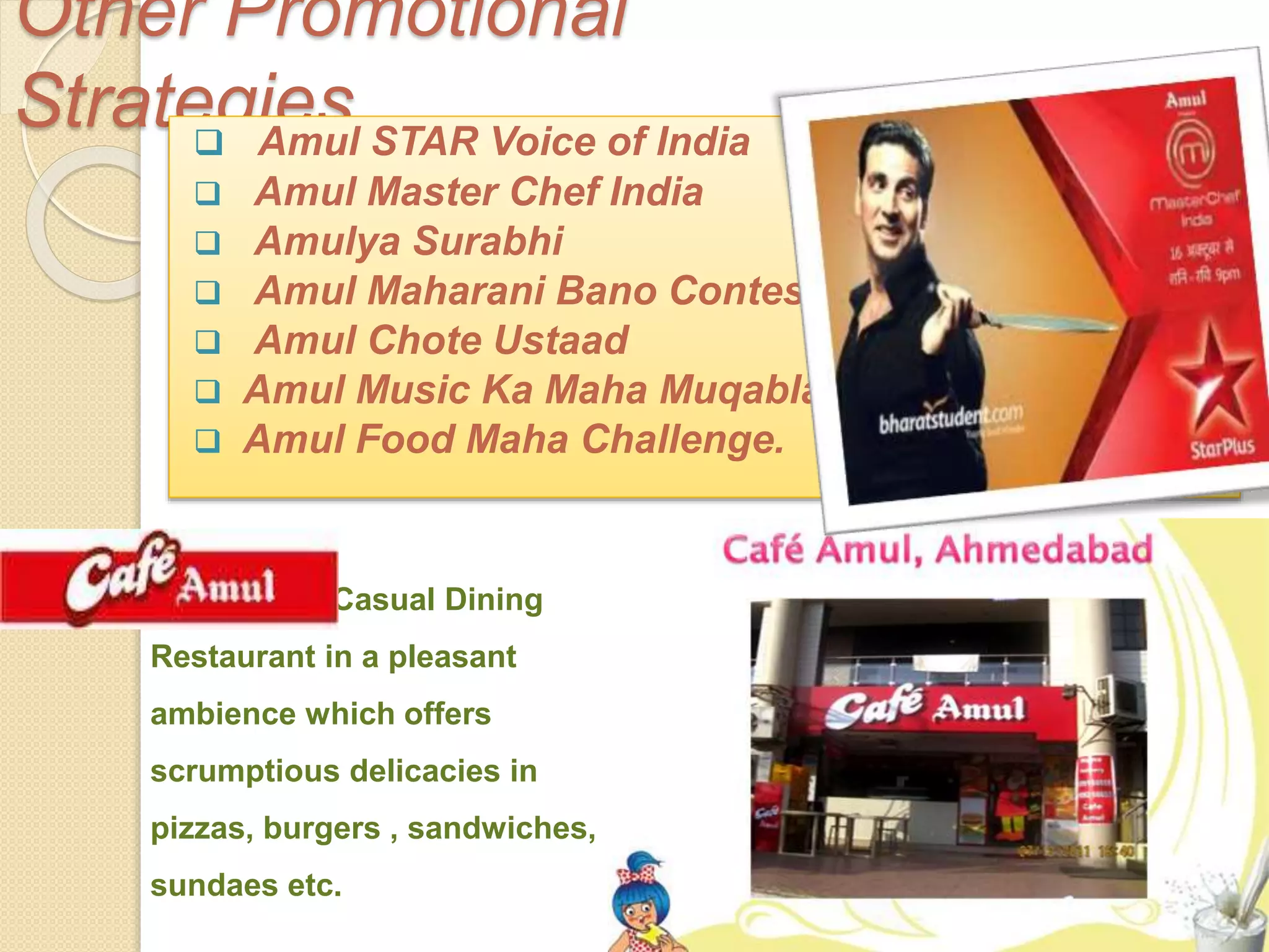 Other Promotional 
Strategies  Amul STAR Voice of India 
 Amul Master Chef India 
 Amulya Surabhi 
 Amul Maharani Bano Contest 
 Amul Chote Ustaad 
 Amul Music Ka Maha Muqabla 
 Amul Food Maha Challenge. 
Cafe Amul is a Casual Dining 
Restaurant in a pleasant 
ambience which offers 
scrumptious delicacies in 
pizzas, burgers , sandwiches, 
sundaes etc. 
 