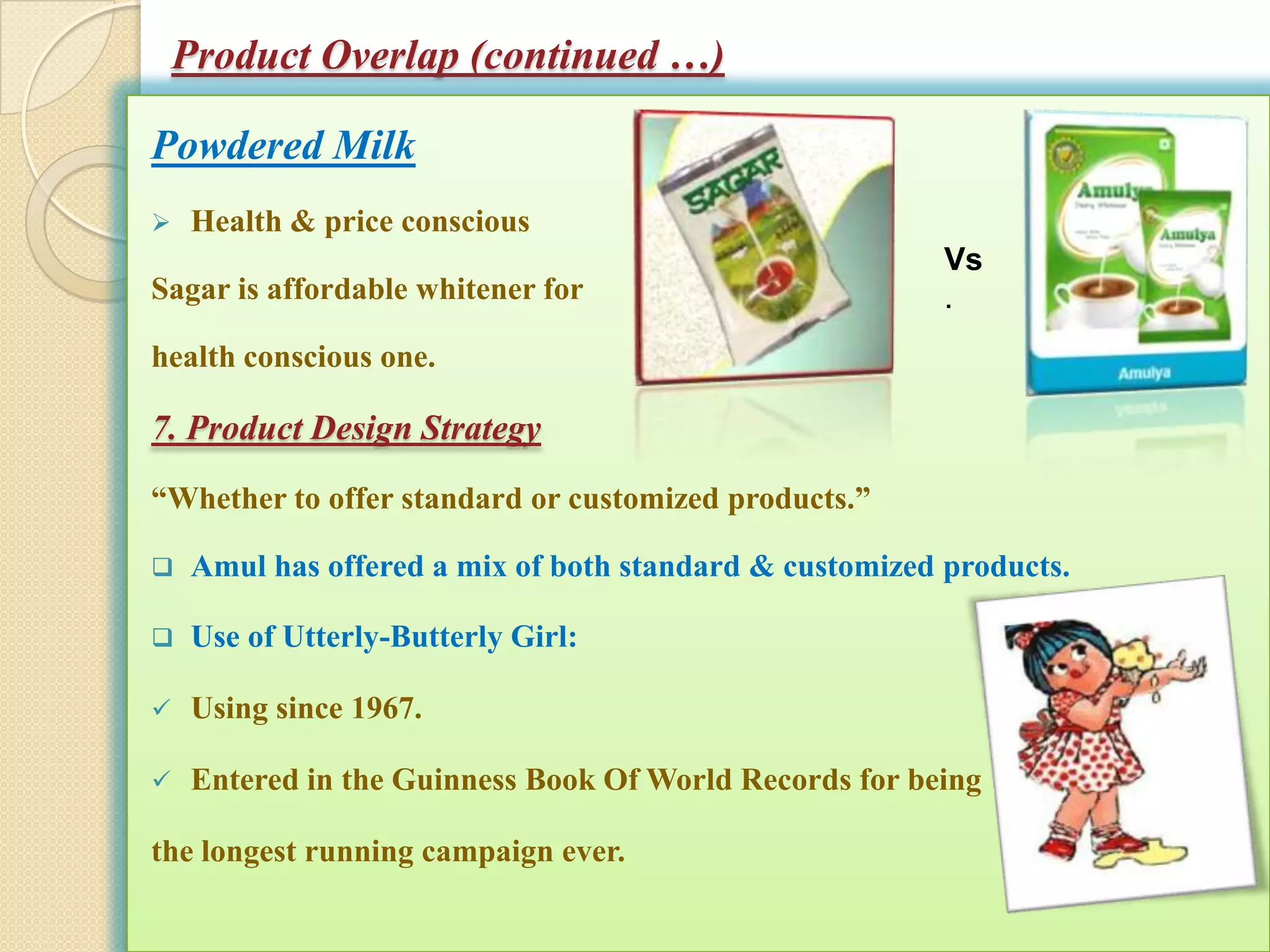 Product Overlap (continued …)

Powdered Milk
   Health & price conscious
                                                         Vs
Sagar is affordable whitener for                         .
health conscious one.

7. Product Design Strategy
“Whether to offer standard or customized products.”

   Amul has offered a mix of both standard & customized products.

   Use of Utterly-Butterly Girl:

   Using since 1967.

   Entered in the Guinness Book Of World Records for being

the longest running campaign ever.
 