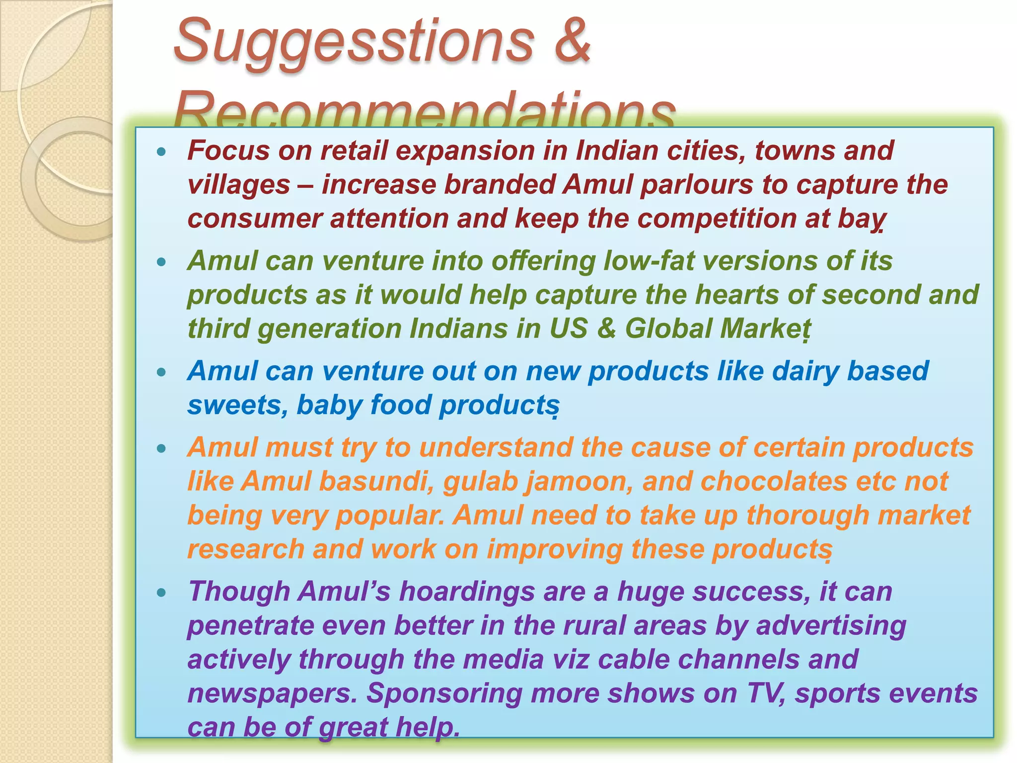 Suggesstions &

    Recommendationscities, towns and
    Focus on retail expansion in Indian
    villages – increase branded Amul parlours to capture the
    consumer attention and keep the competition at bay
   Amul can venture into offering low-fat versions of its
    products as it would help capture the hearts of second and
    third generation Indians in US & Global Market
   Amul can venture out on new products like dairy based
    sweets, baby food products
   Amul must try to understand the cause of certain products
    like Amul basundi, gulab jamoon, and chocolates etc not
    being very popular. Amul need to take up thorough market
    research and work on improving these products
   Though Amul’s hoardings are a huge success, it can
    penetrate even better in the rural areas by advertising
    actively through the media viz cable channels and
    newspapers. Sponsoring more shows on TV, sports events
    can be of great help.
 