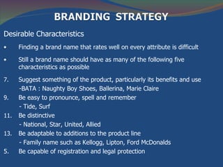 Desirable Characteristics
•     Finding a brand name that rates well on every attribute is difficult

•     Still a brand name should have as many of the following five
      characteristics as possible

7.    Suggest something of the product, particularly its benefits and use
      -BATA : Naughty Boy Shoes, Ballerina, Marie Claire
9.    Be easy to pronounce, spell and remember
      - Tide, Surf
11.   Be distinctive
      - National, Star, United, Allied
13.   Be adaptable to additions to the product line
      - Family name such as Kellogg, Lipton, Ford McDonalds
5.    Be capable of registration and legal protection
 