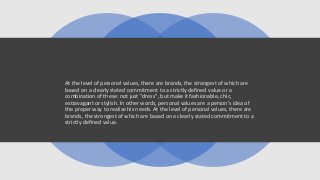 At the level of personal values, there are brands, the strongest of which are
based on a clearly stated commitment to a strictly defined value or a
combination of these: not just "dress", but make it fashionable, chic,
extravagant or stylish. In other words, personal values are a person's idea of
the proper way to realize his needs. At the level of personal values, there are
brands, the strongest of which are based on a clearly stated commitment to a
strictly defined value.
 