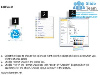 Edit Color


                                         2                           3
             1




1. Select the shape to change the color and Right click the object( click any object which you
   want to change color)
2. Choose Format Shape in the dialog box.
3. Choose “Fill” in the Format Shape box then “Solid” or “Gradient” depending on the
   appearance of the object. Change colour as shown in the picture.
www.slideteam.net
 